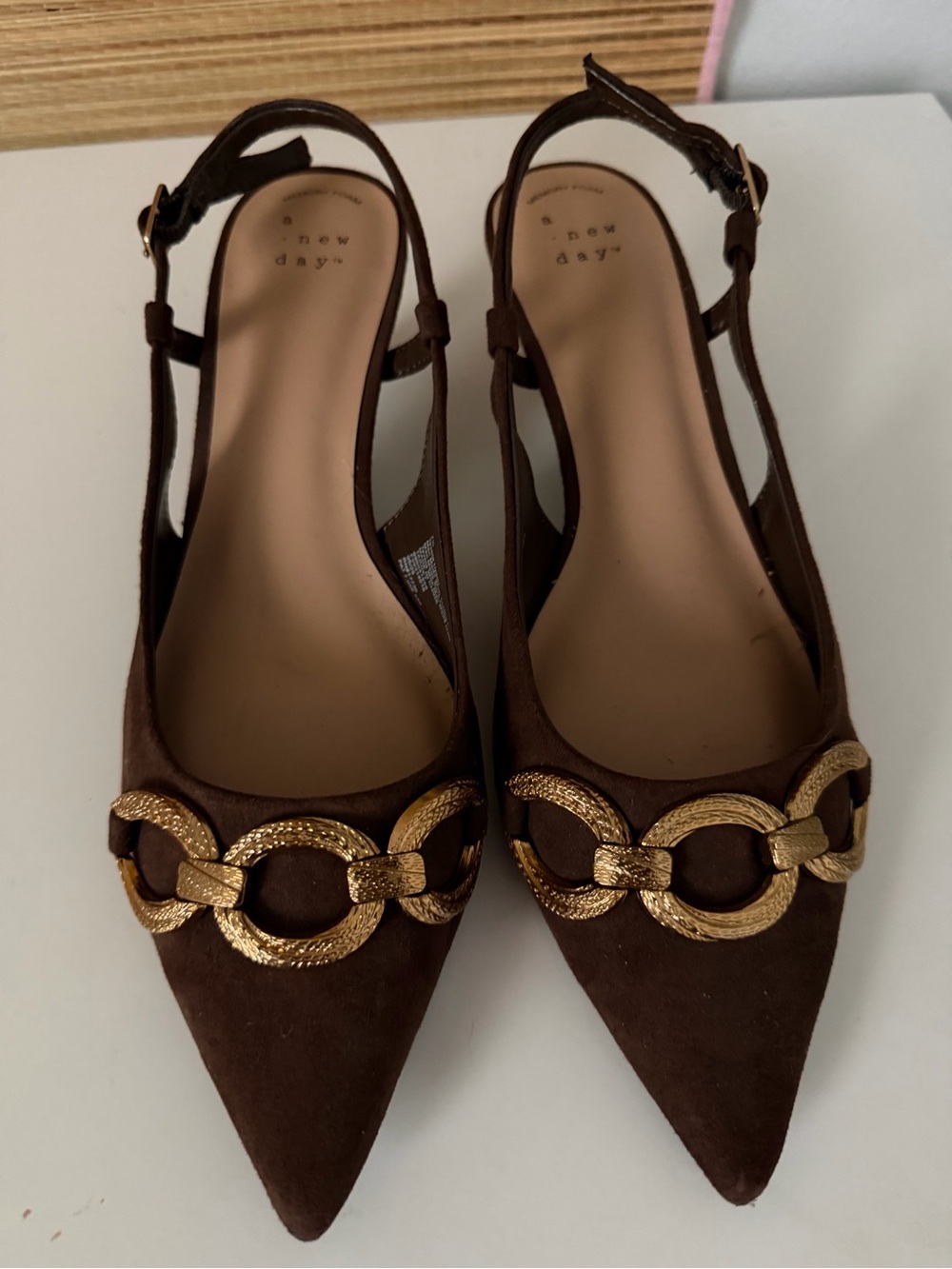 Target Brown Suede Pointed Slingback Flats with Gold Chain Detail